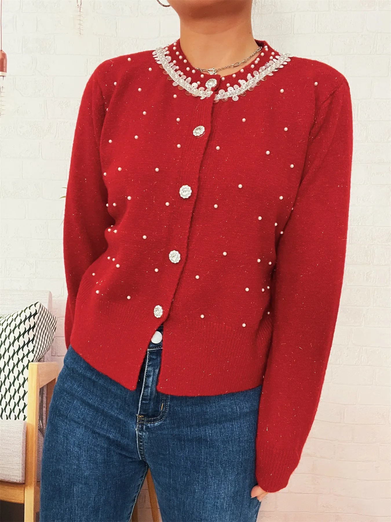 Pearl Detail Button-Front Cardigan NicholesGifts