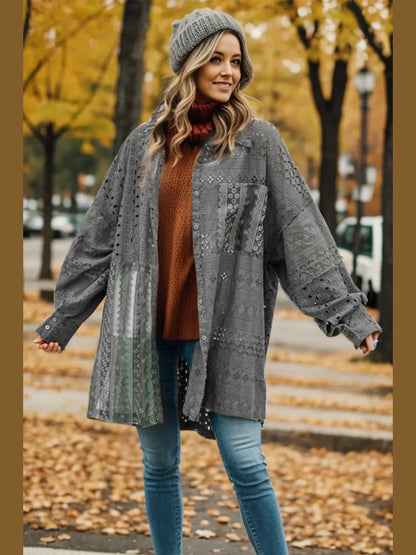 Openwork Button Up Long Sleeve Shacket nicholesgifts