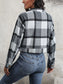 Women Perfee Plaid Button Up Drop Shoulder Cropped Jacket nicholesgifts