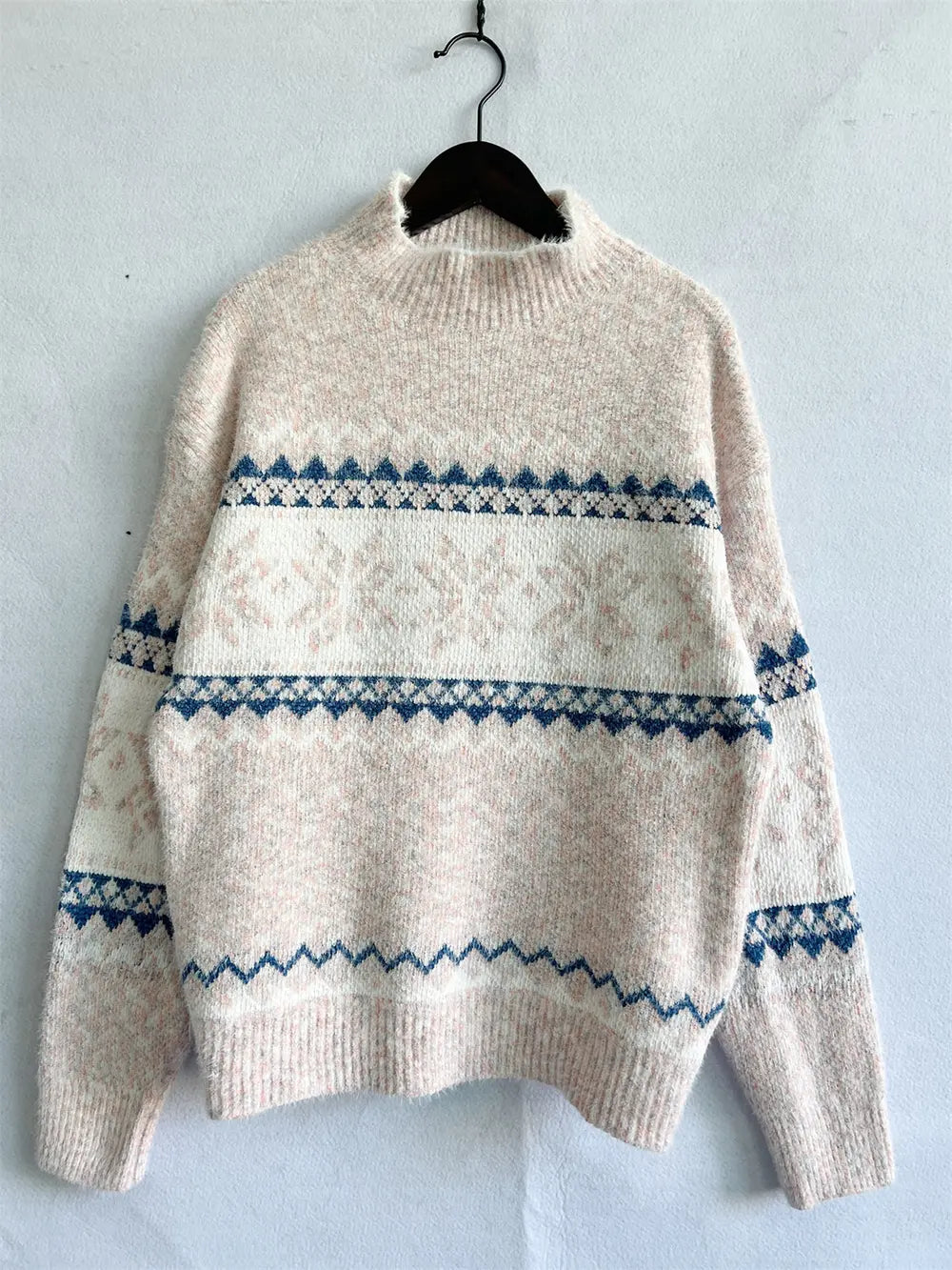 Geometric Mock Neck Dropped Shoulder Sweater Trendsi