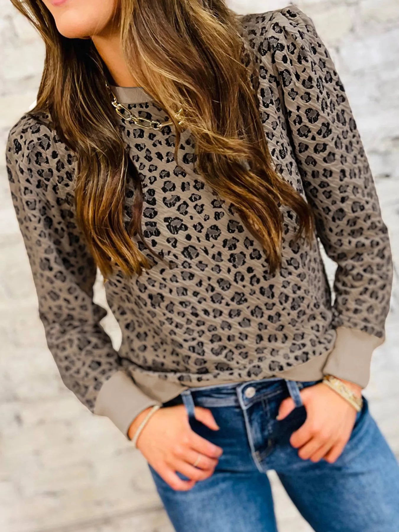 Ribbed Trim Leopard Print Long Sleeve Top NicholesGifts