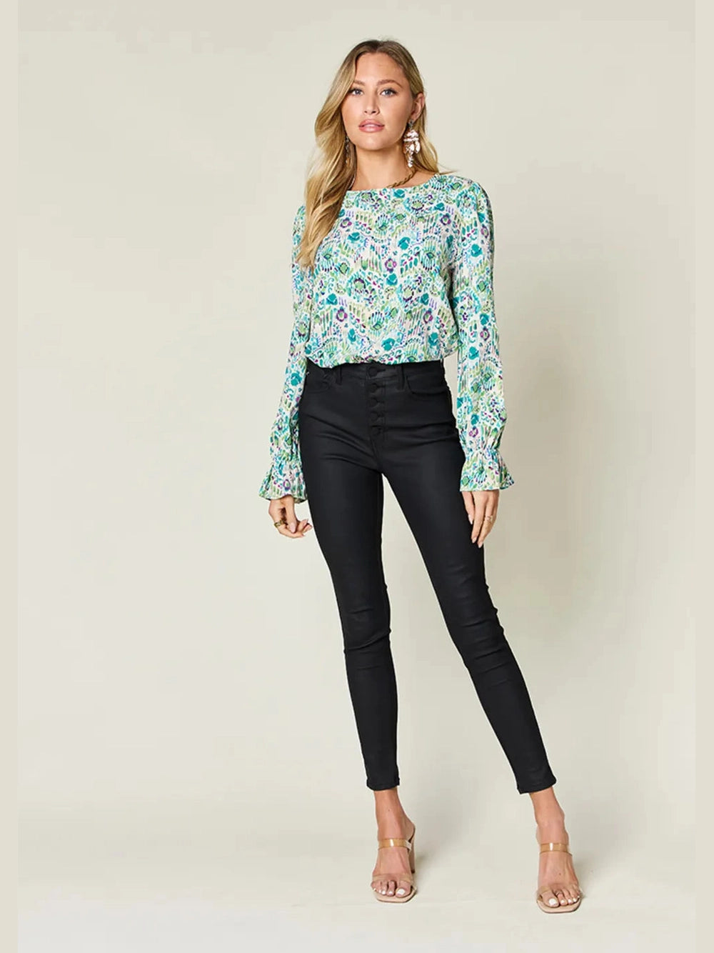 Double Take Full Size Printed Flounce Sleeve Blouse