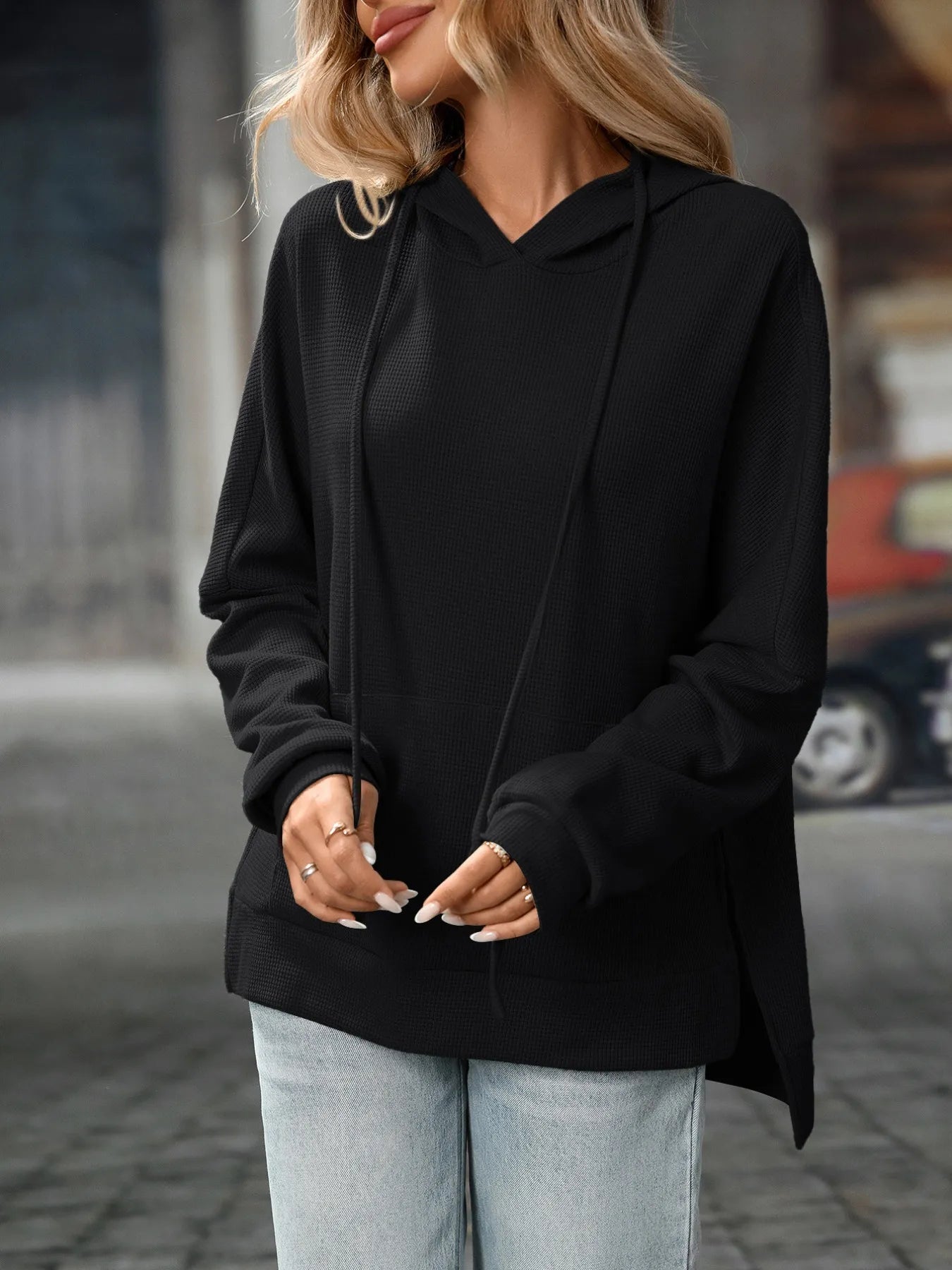 Textured Drawstring Long Sleeve Hoodie