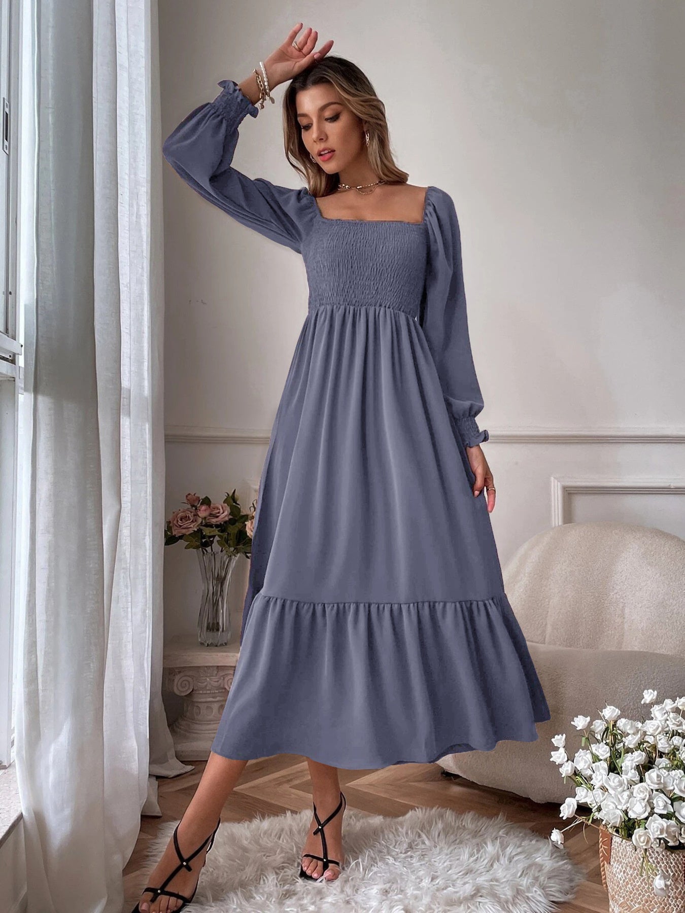 Smocked Long Sleeve Midi Dress nicholesgifts