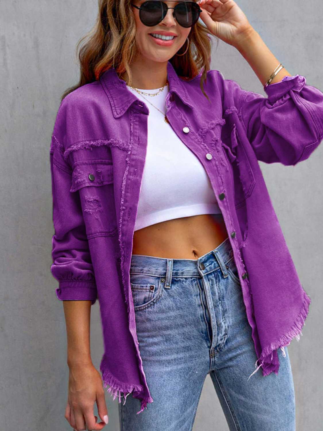 Distressed Drop Shoulder Denim Jacket nicholesgifts