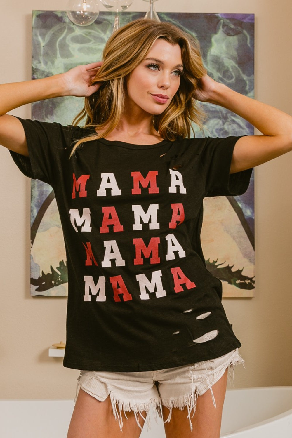 Women BiBi Mama Graphic Distressed Short Sleeve T-Shirt