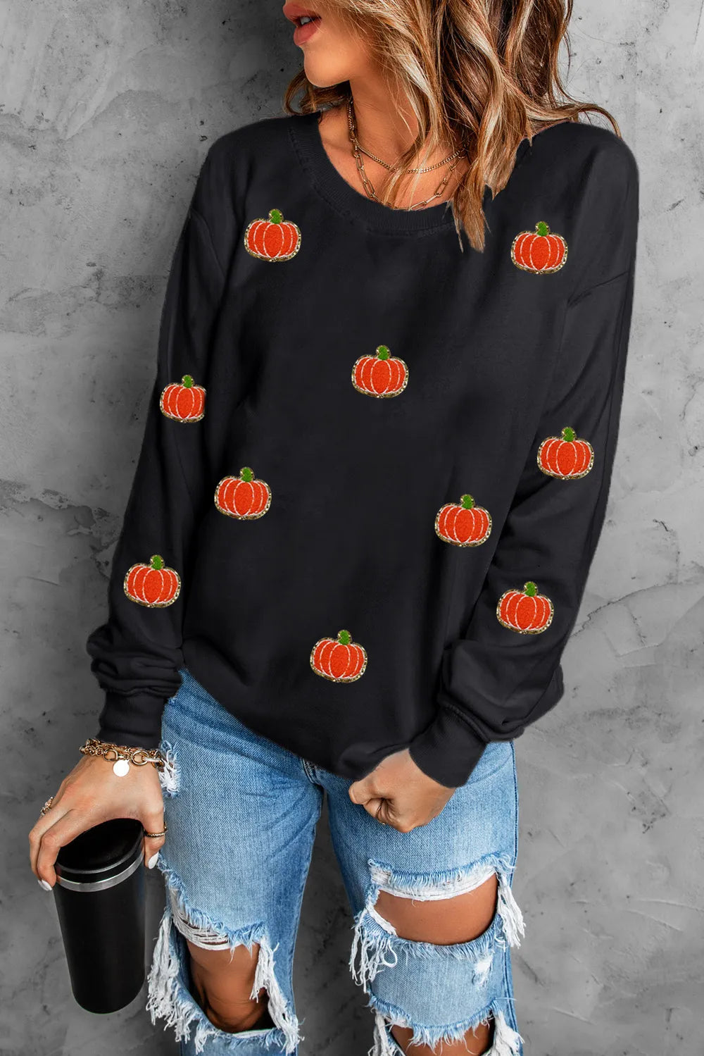 Pumpkin Round Neck Long Sleeve Sweatshirt Trendsi