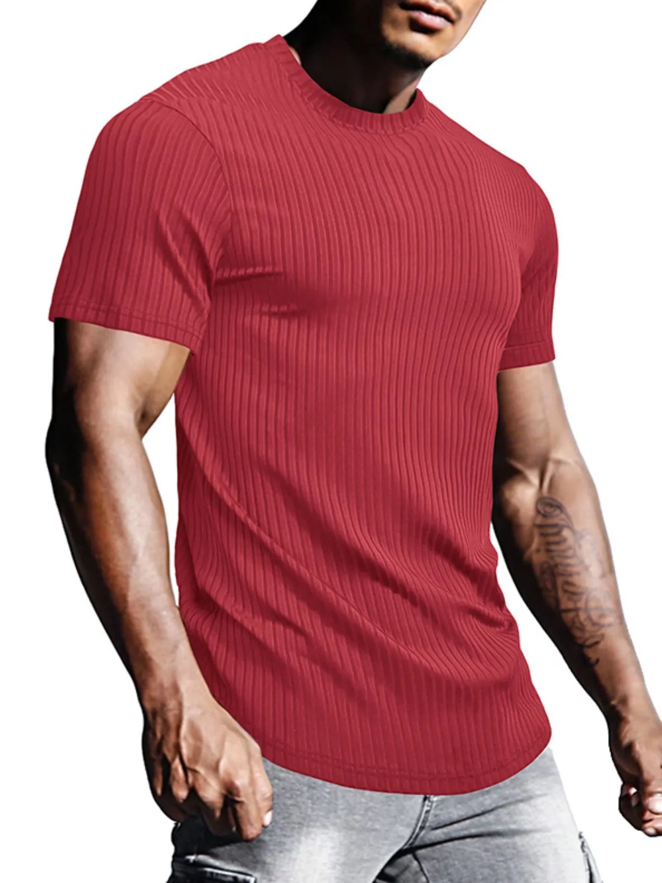 Men's Full Size Ribbed Knit Short Sleeve Round Neck T-Shirt Plus Size NicholesGifts