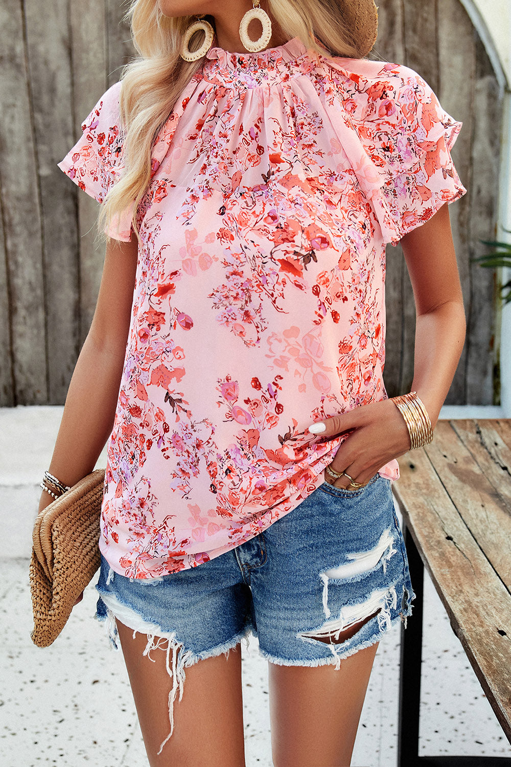 Printed Ruffled Mock Neck Blouse nicholesgifts