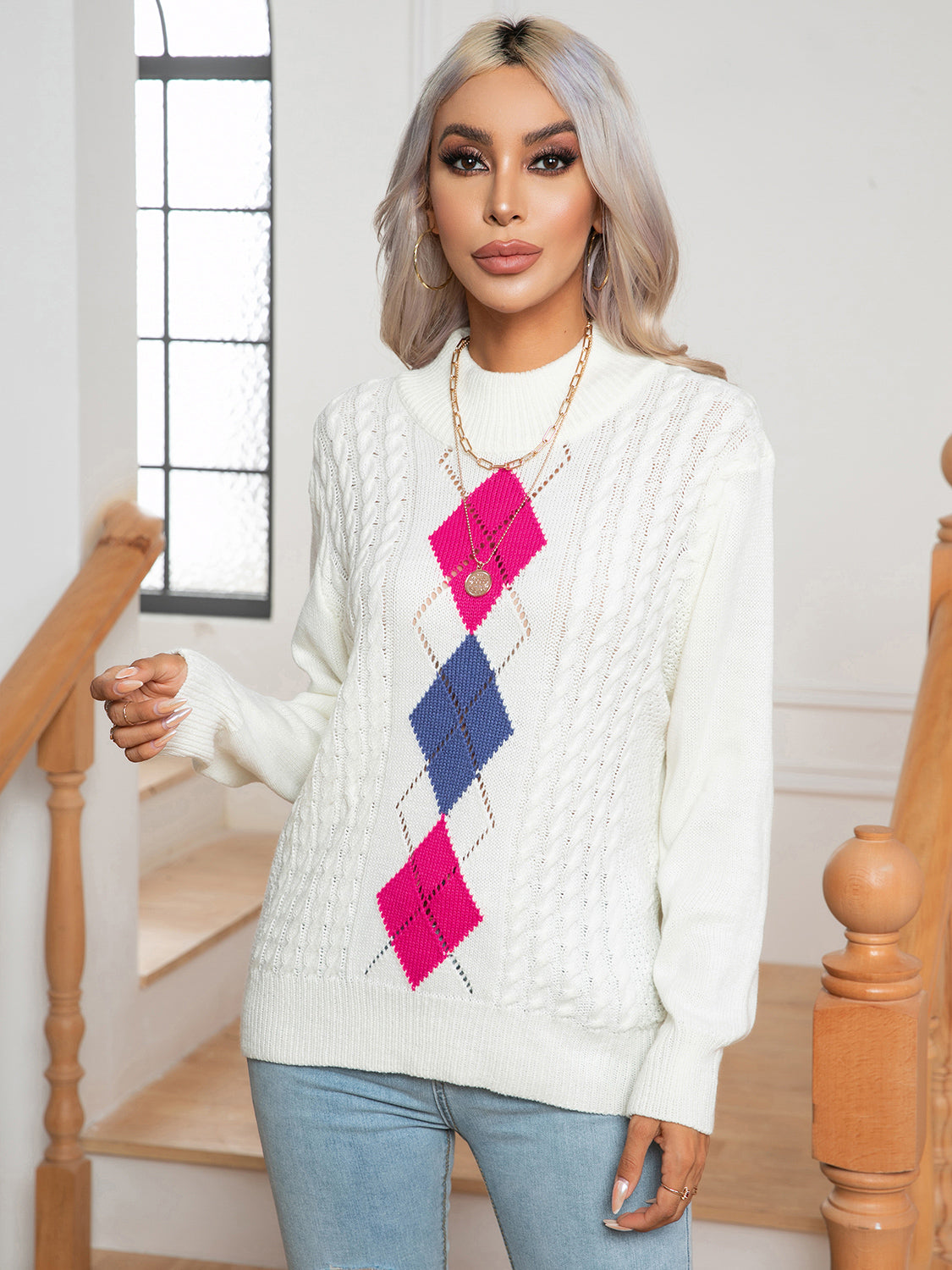 Openwork Geometric Mock Neck Sweater nicholesgifts