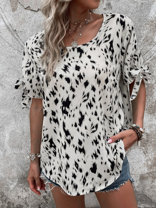 Tied Printed Boat Neck Blouse nicholesgifts