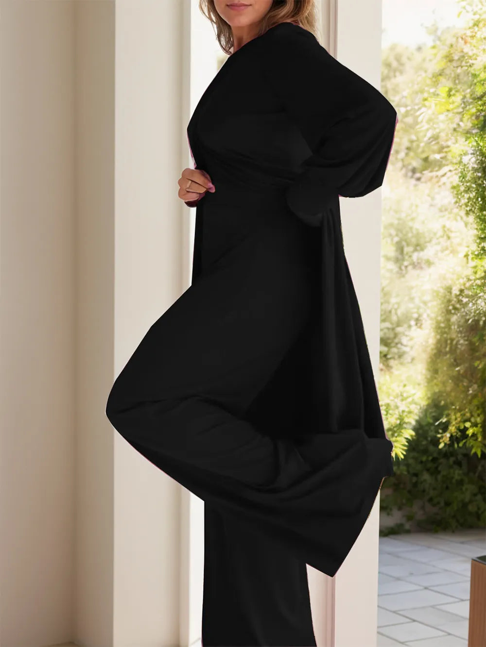 Full Size Slit Round Neck Long Sleeve Top and Pants Set Trendsi