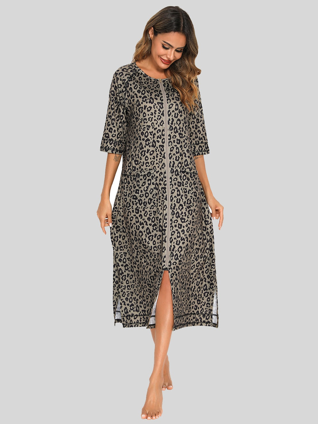 Printed Slit Night Dress with Pockets nicholesgifts