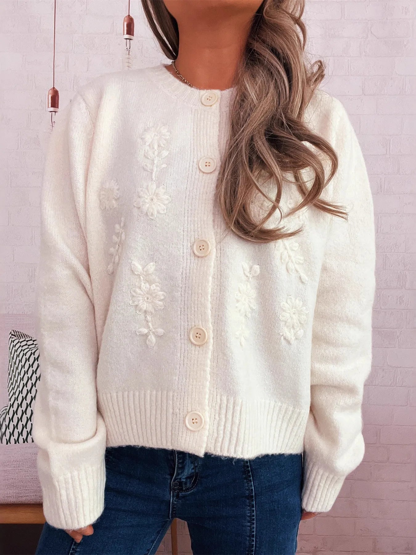 Flower Button Up Ribbed Hem Cardigan