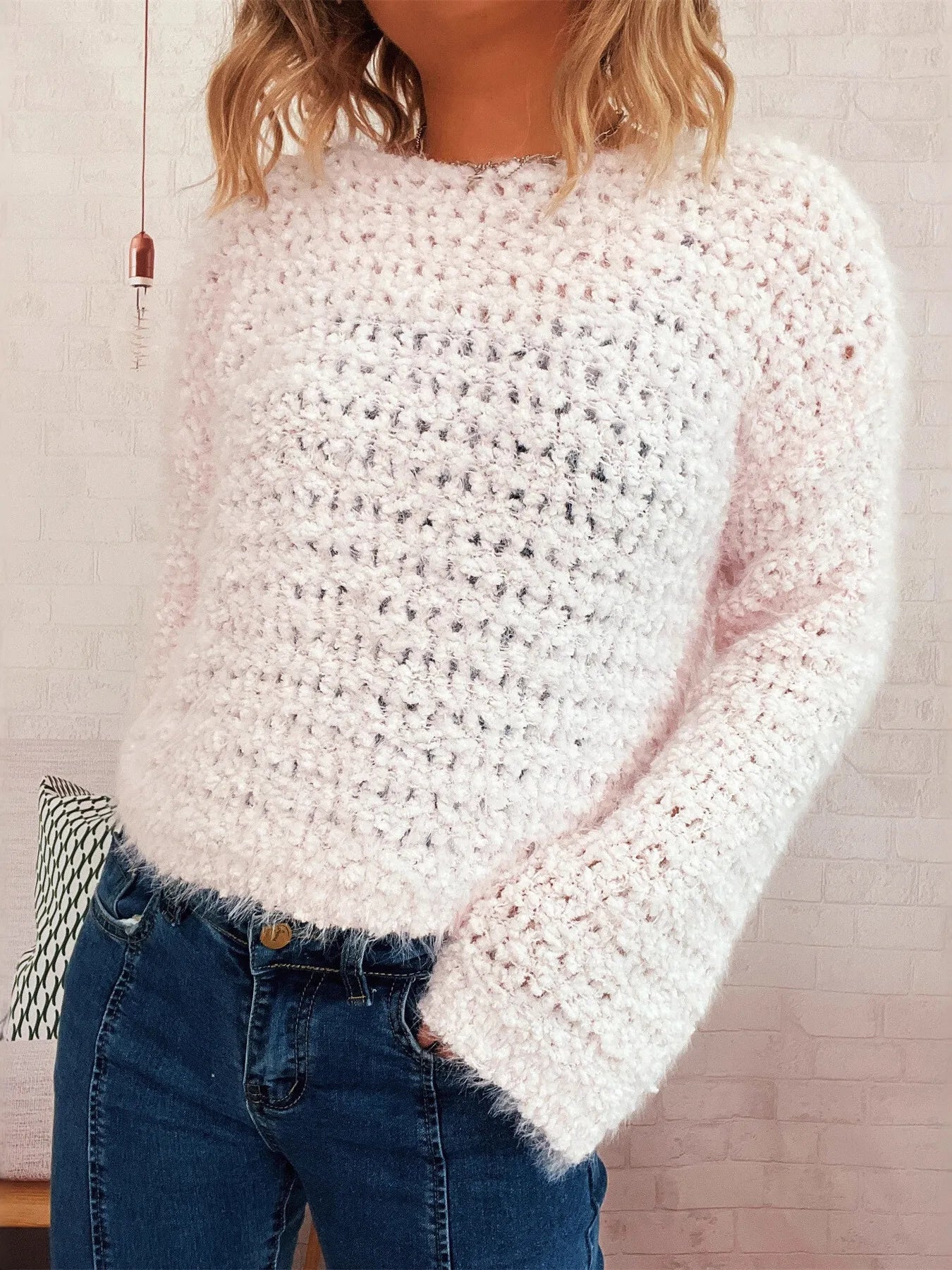 Crochet Round Neck Dropped Shoulder Sweater