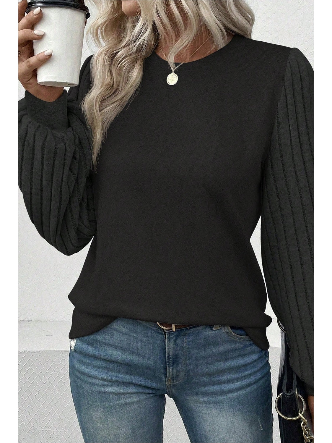 Women Ribbed Round Neck Long Sleeve Knit Top nicholesgifts