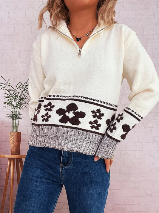 Flower Zip Collar Long Sleeve Sweater