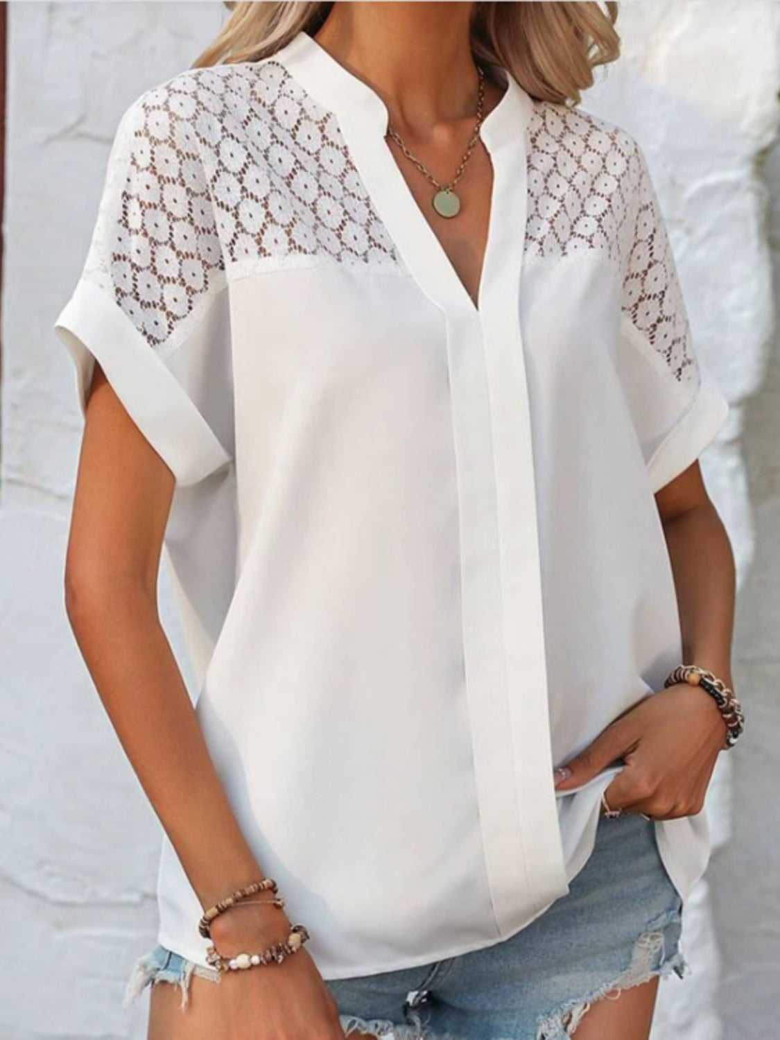 Openwork Notched Short Sleeve Blouse nicholesgifts