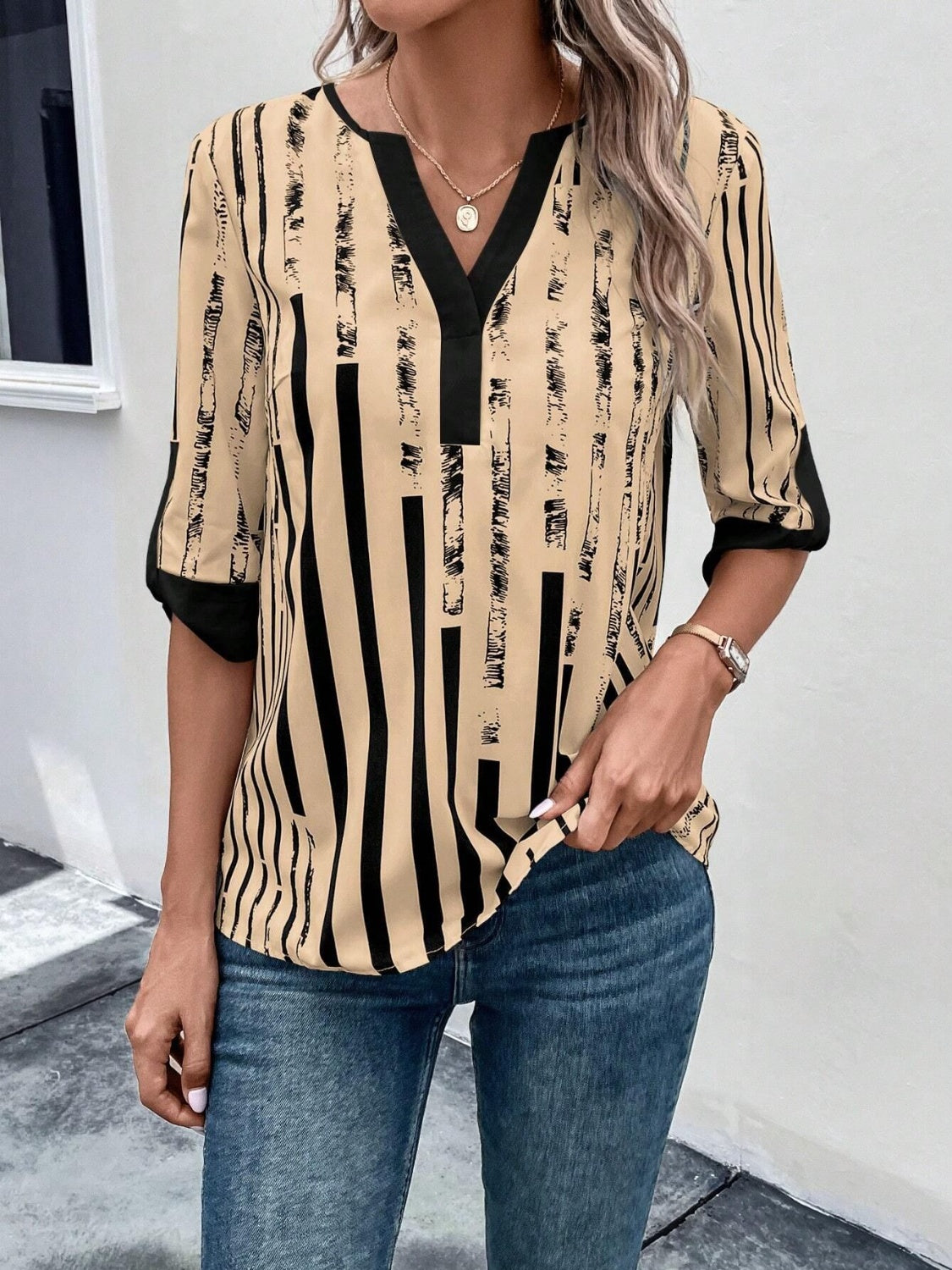 Striped Notched Half Sleeve Blouse nicholesgifts