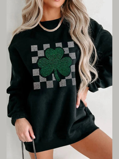 Rhinestone Checkered Lucky Clover Round Neck Sweatshirt nicholesgifts
