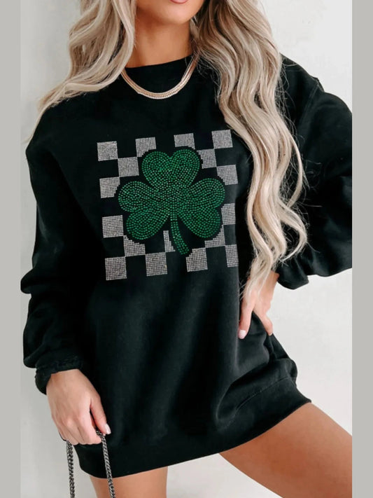 Rhinestone Checkered Lucky Clover Round Neck Sweatshirt Trendsi