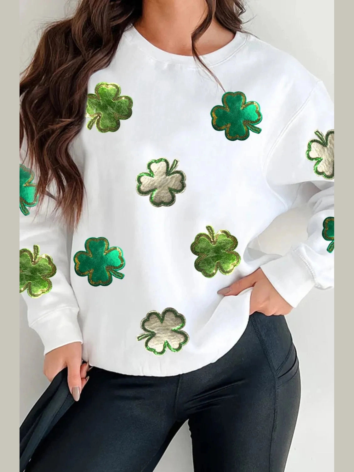 Lucky Clover Round Neck Long Sleeve Sweatshirt nicholesgifts