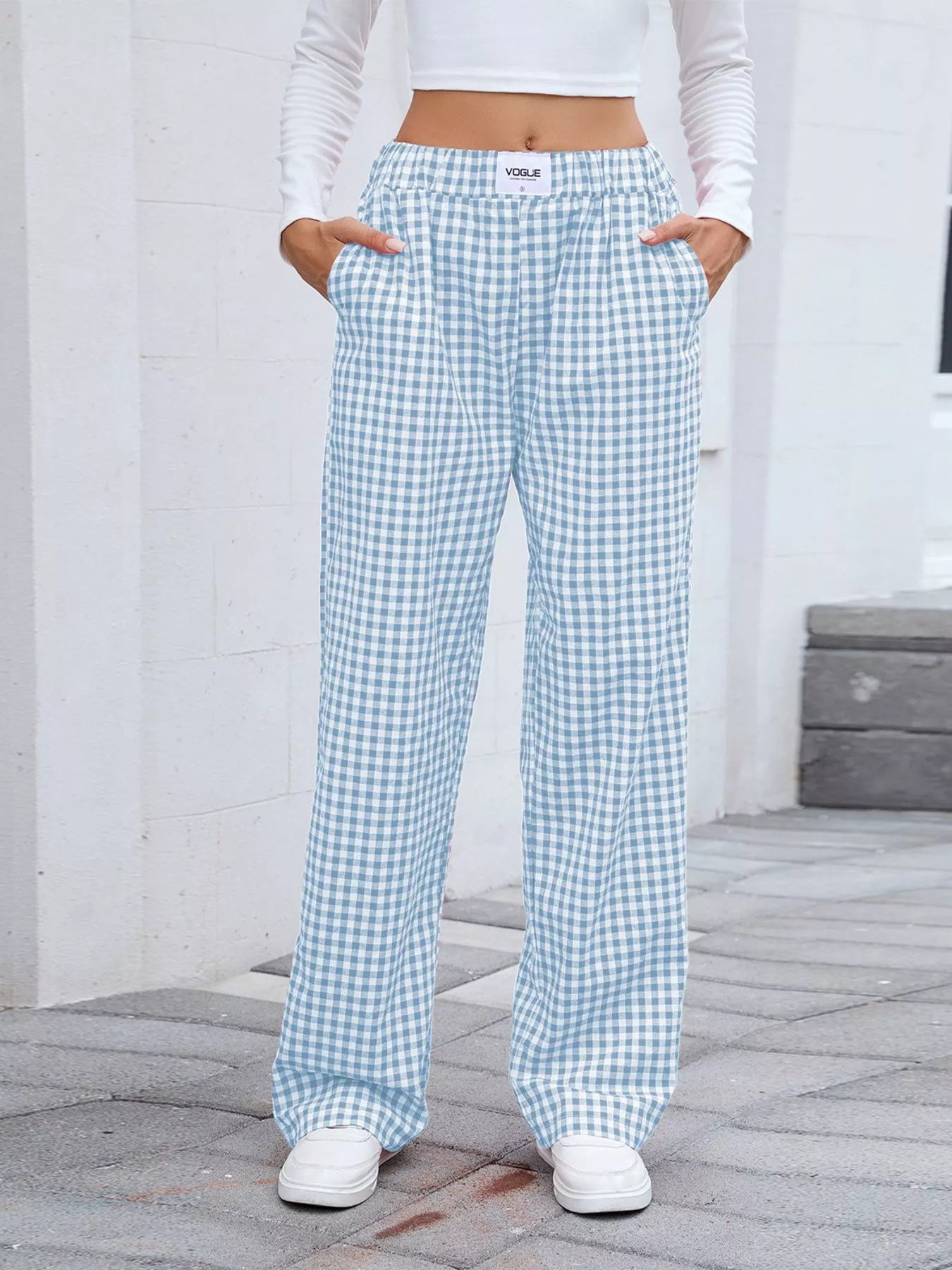 Women Plaid Wide Leg Casual Pants nicholesgifts