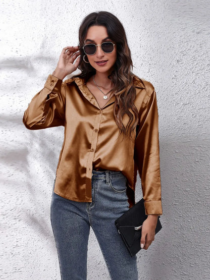 Button Up Collared Neck Long Sleeve Shirt nicholesgifts