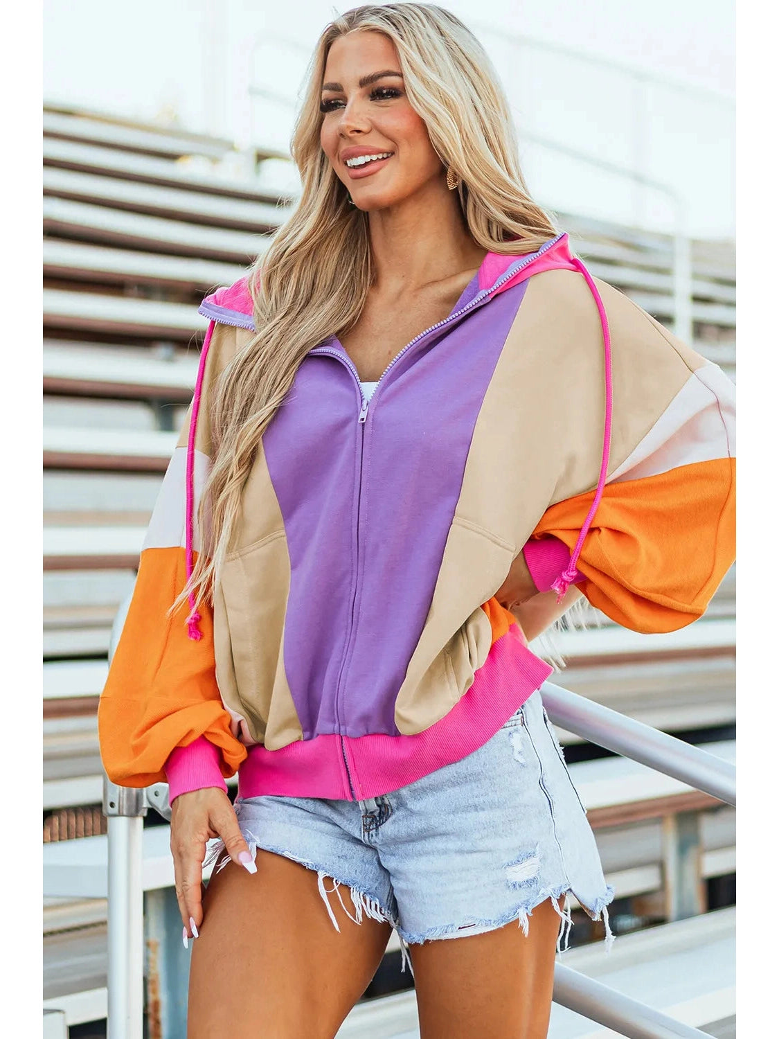 Women Drawstring Color Block Zip Up Long Sleeve Hoodie nicholesgifts