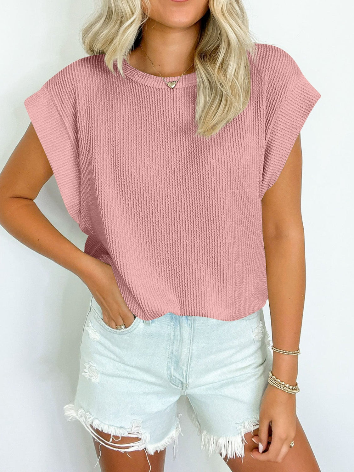 Textured Round Neck Cap Sleeve Blouse nicholesgifts