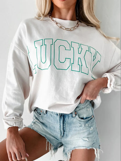 LUCKY Graphic Round Neck Long Sleeve Sweatshirt nicholesgifts