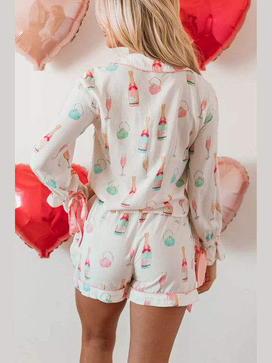 Bow Printed Collared Neck Top and Drawstring Shorts Lounge Set nicholesgifts