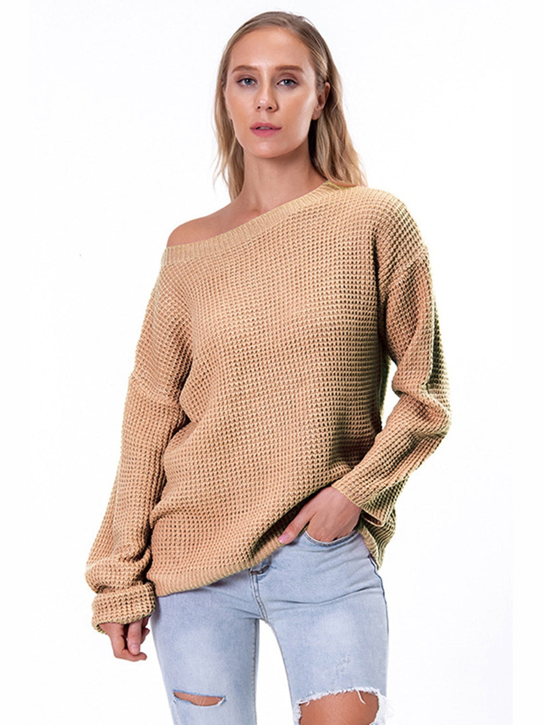 Boat Neck Drop Shoulder Long Sleeve Sweater nicholesgifts