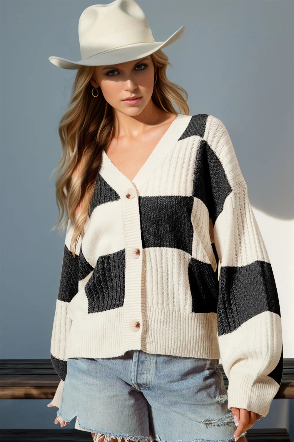 Double Take Full Size Checkered Dropped Shoulder Cardigan Trendsi