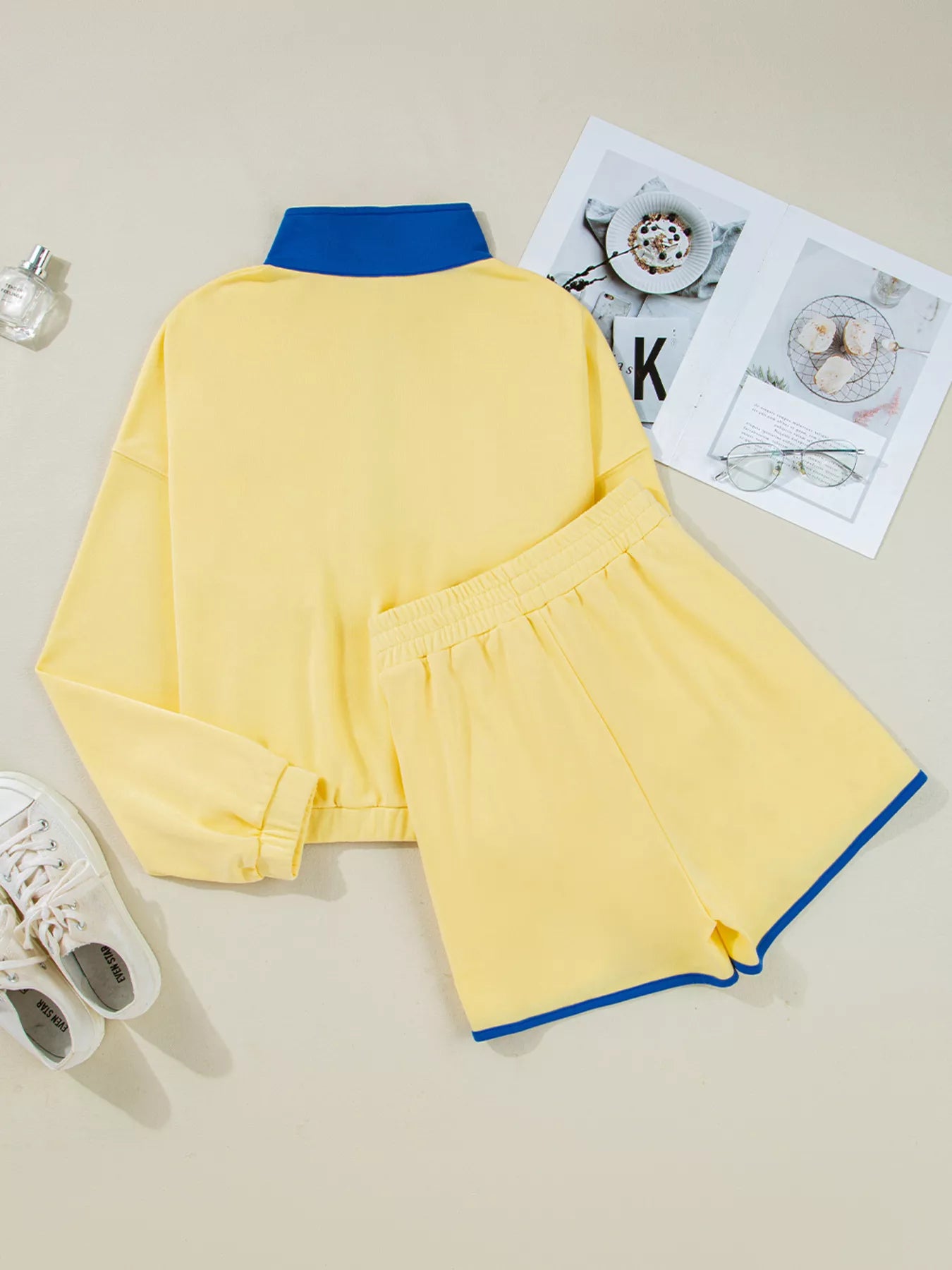 Color Block Patchwork Half Button Top and Shorts 2pcs Set Trendsi