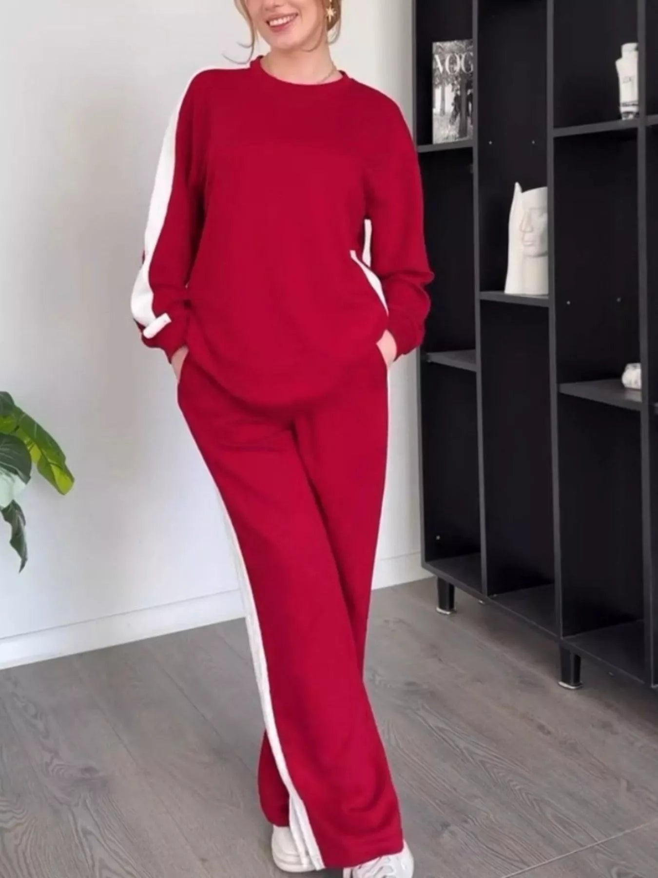 Full Size Contrast Round Neck Top and Pants Set Plus Size nicholesgifts