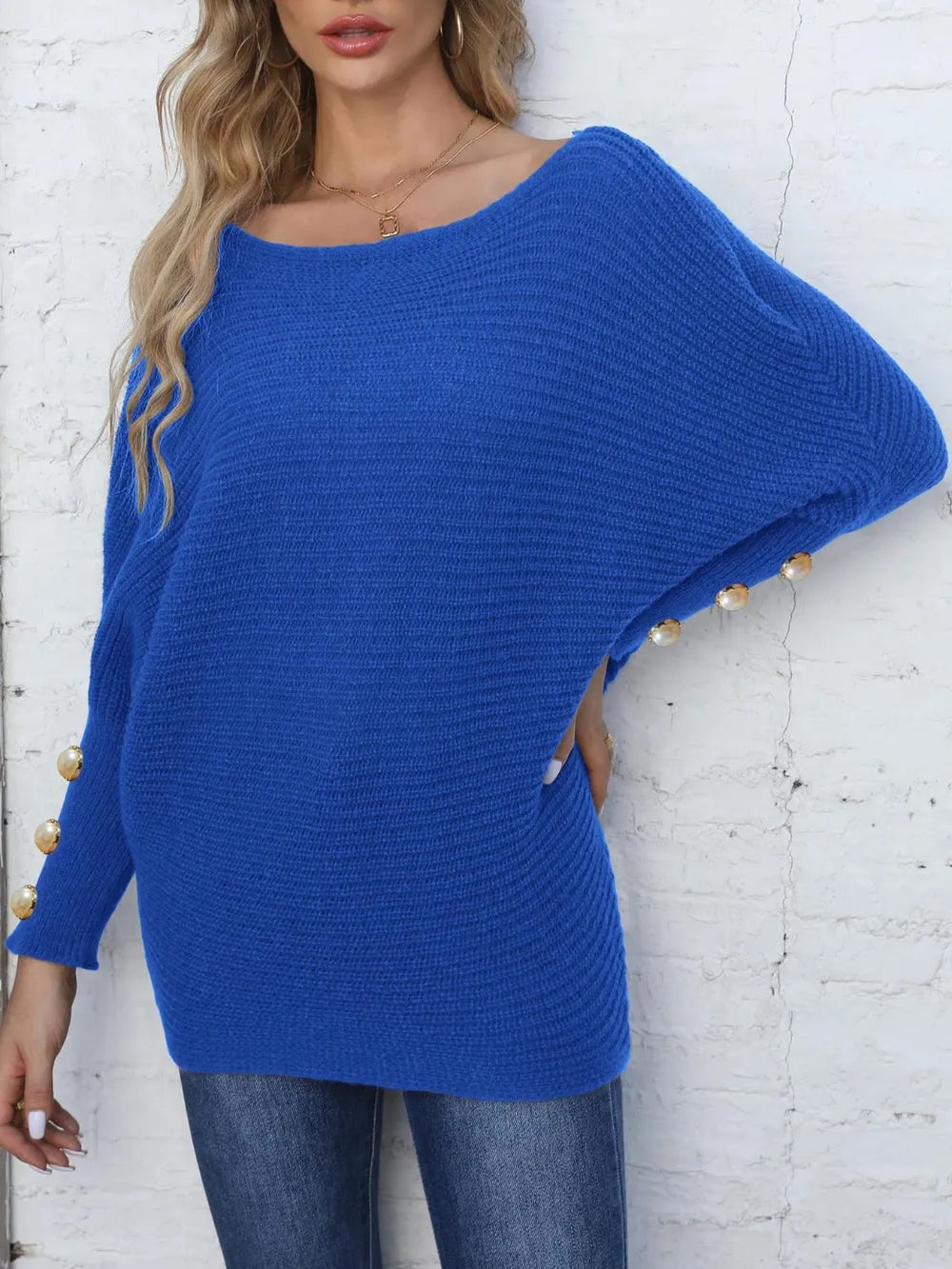 Full Size Boat Neck Long Sleeve Sweater Trendsi