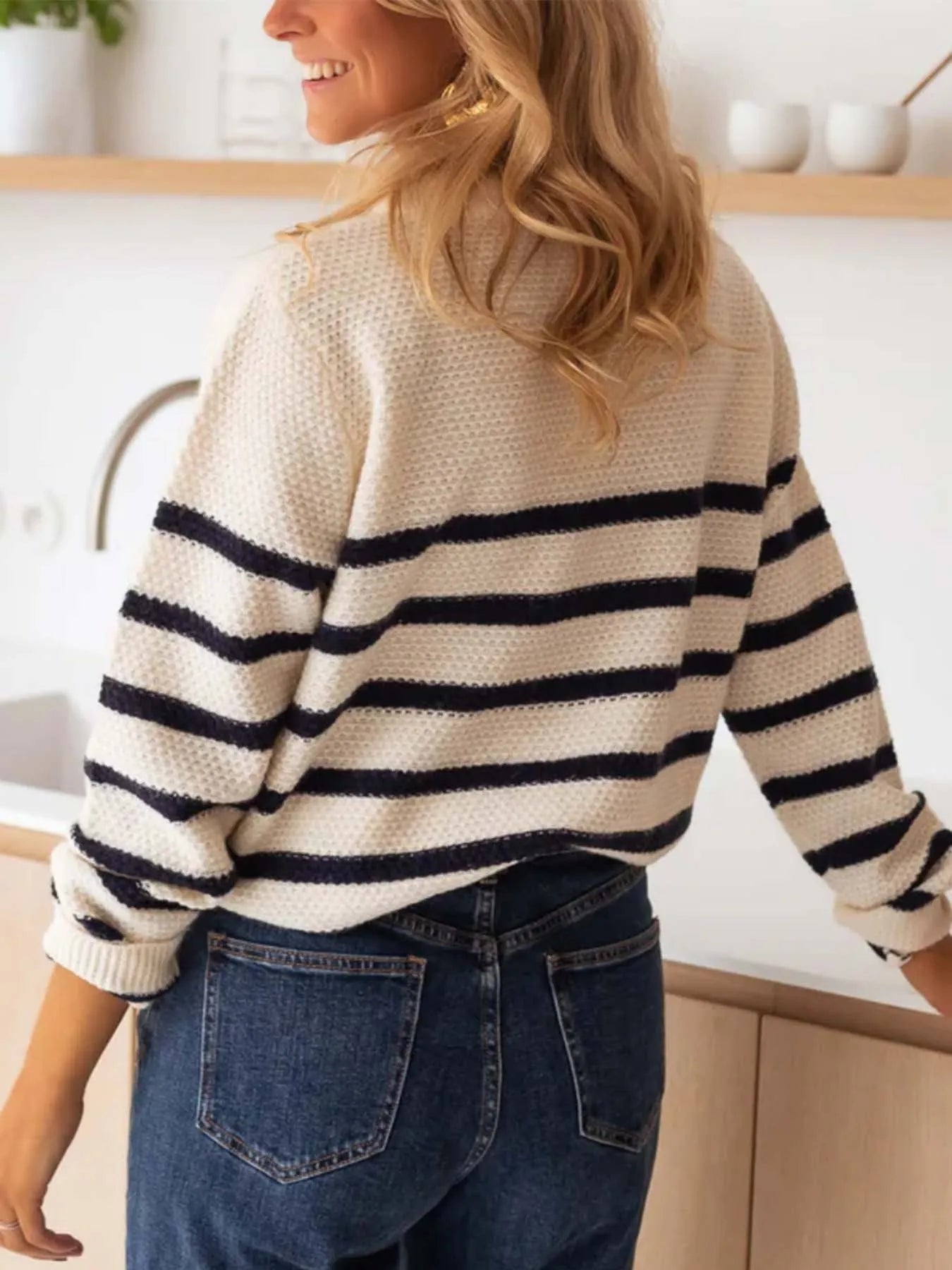 Striped Button-Front Sweater Trendsi
