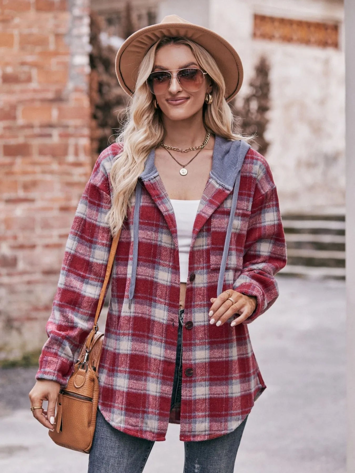 Oversized Plaid Button Up Shacket Trendsi