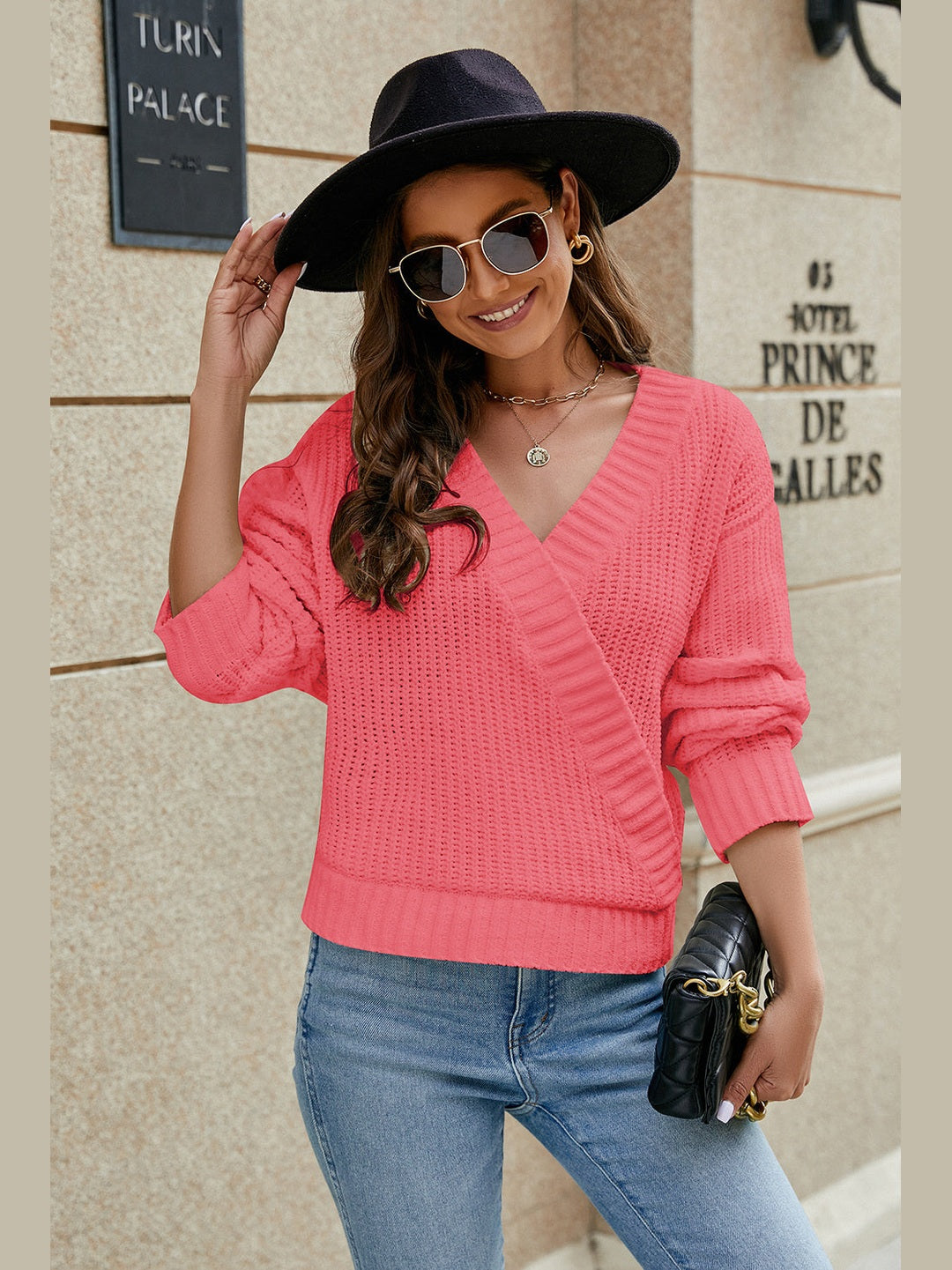 Openwork Surplice Long Sleeve Sweater Trendsi