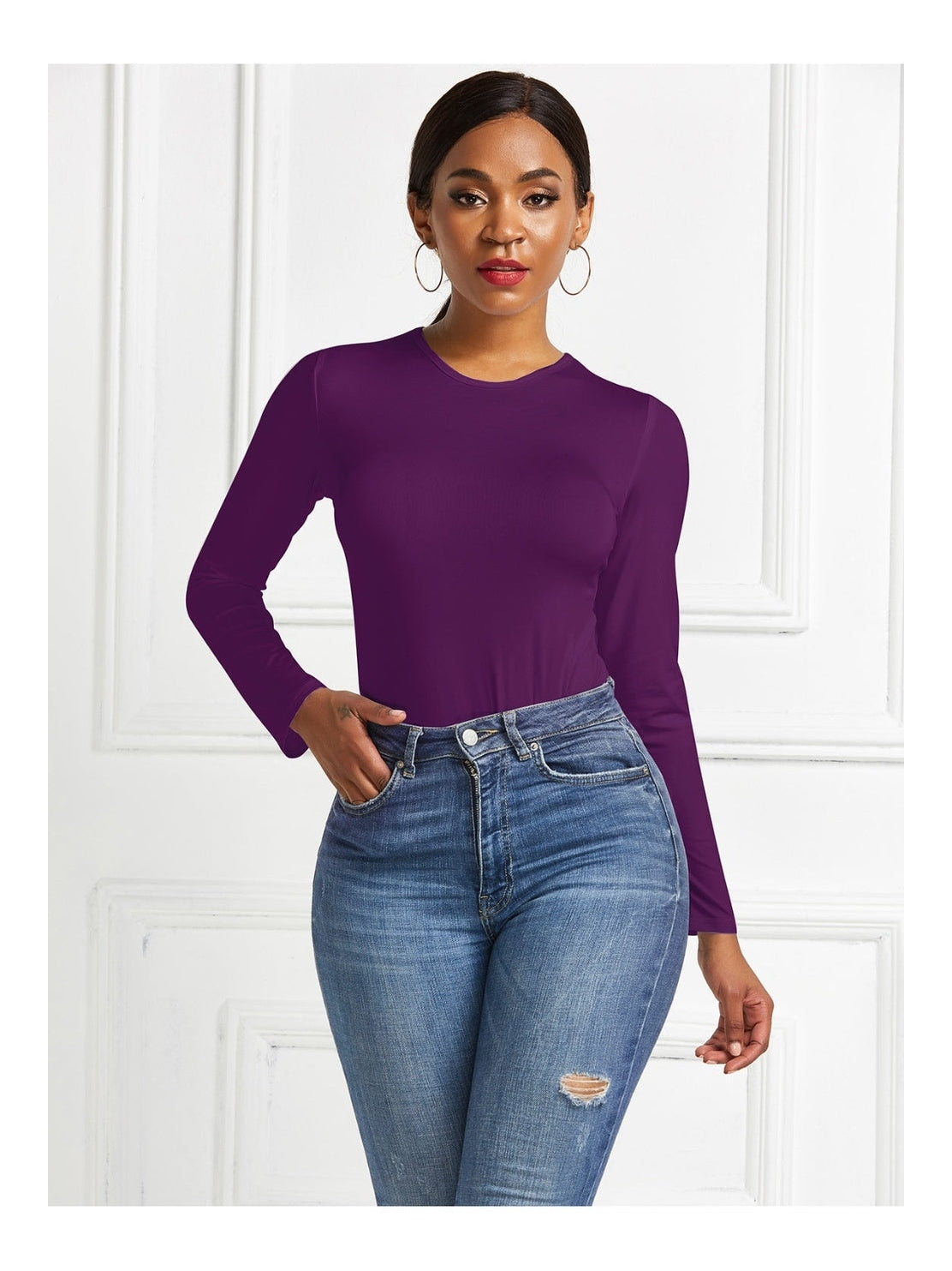 Women Round Neck Long Sleeve Bodysuit nicholesgifts