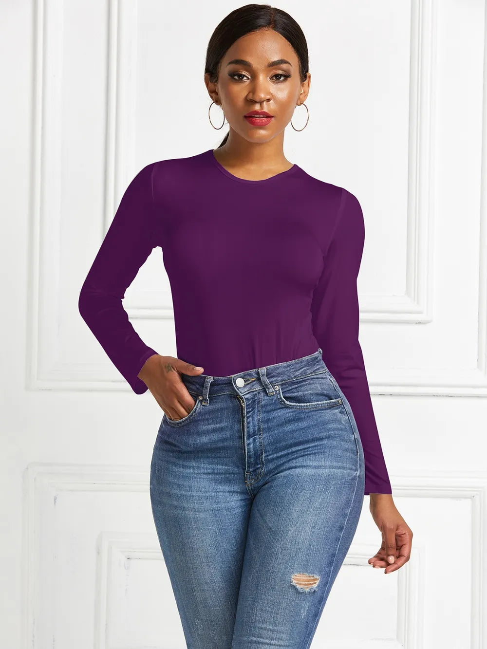 Round Neck Long Sleeve Bodysuit nicholesgifts