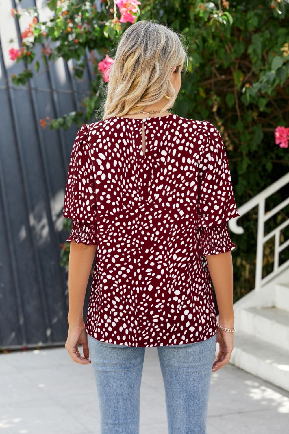 Polka Dot Round Neck Lantern Sleeve Blouse nicholesgifts