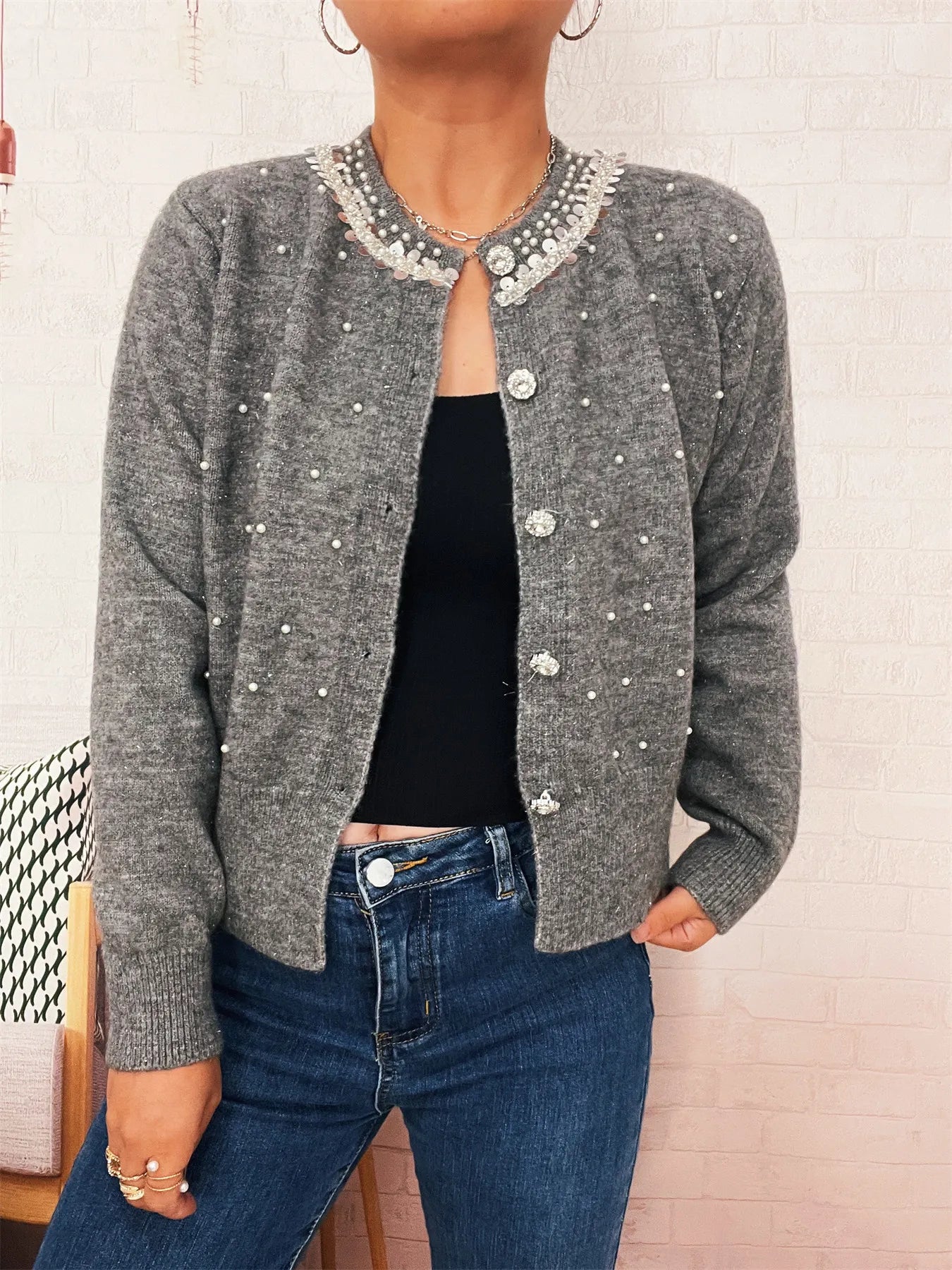 Pearl Detail Button-Front Cardigan NicholesGifts