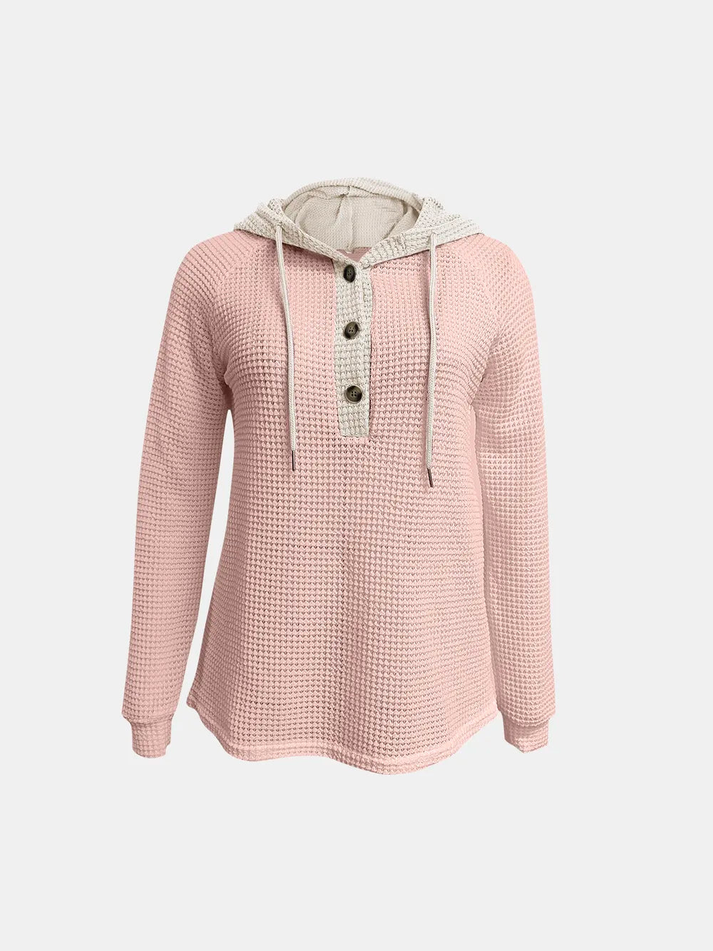Full Size Waffle-Knit Contrast Long Sleeve Hoodie Trendsi