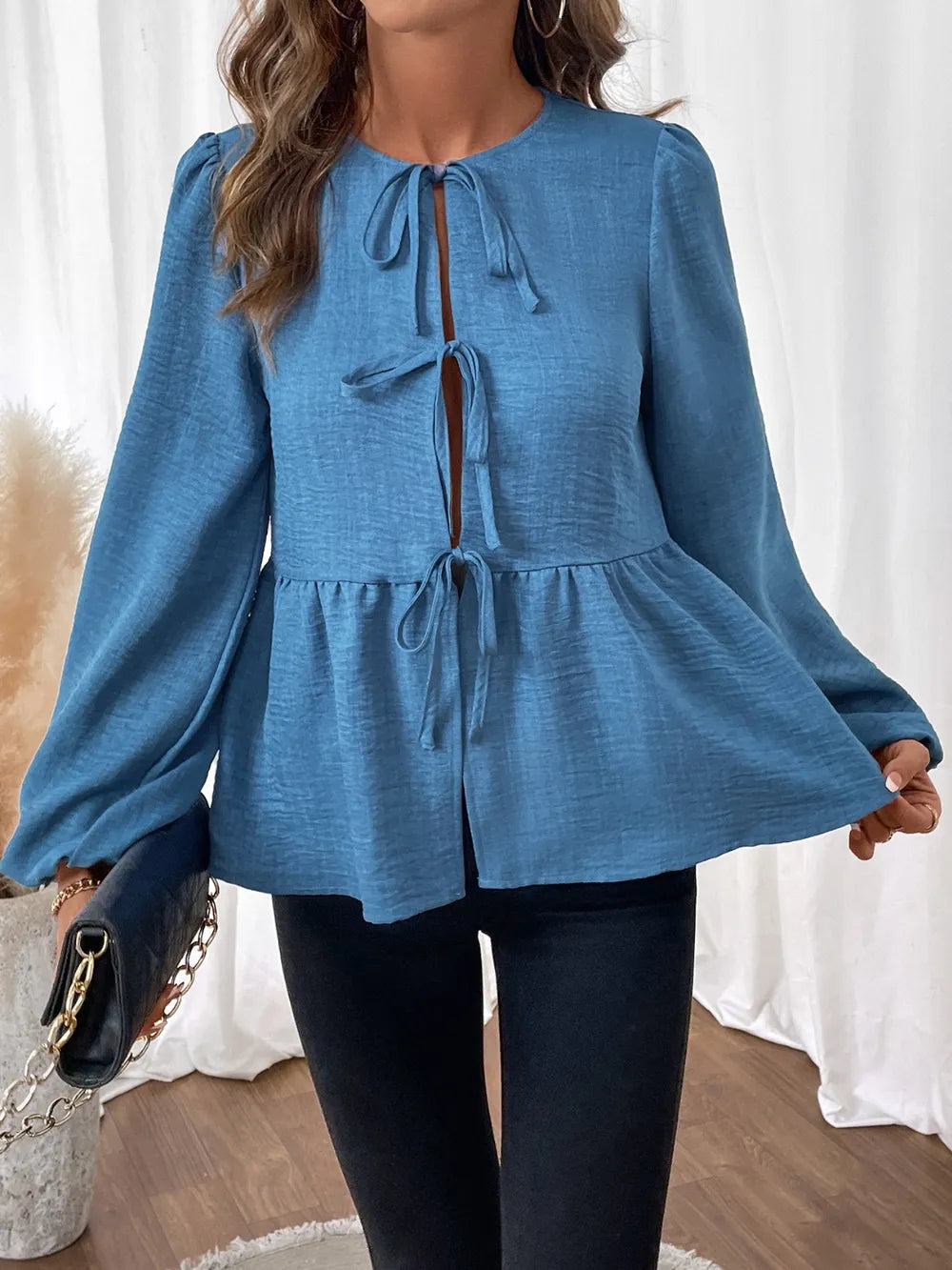 Peplum Tie Neck Balloon Sleeve Blouse NicholesGifts