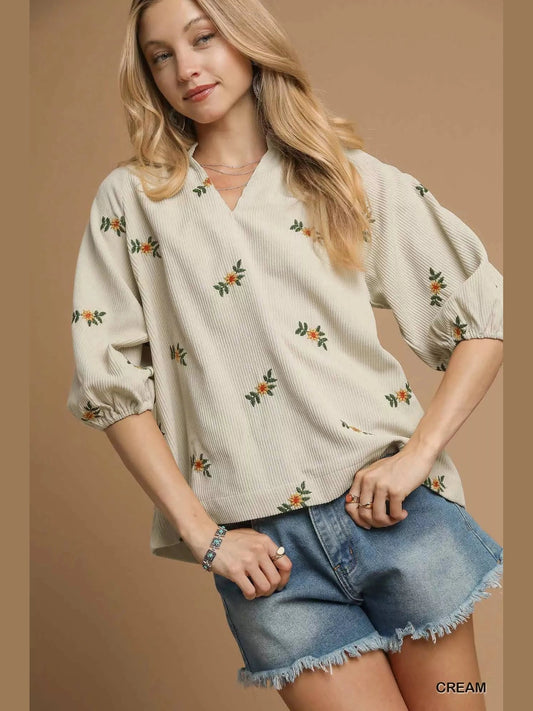 Women Umgee Corduroy Floral Embroidered Puff Long Sleeve Blouse NicholesGifts