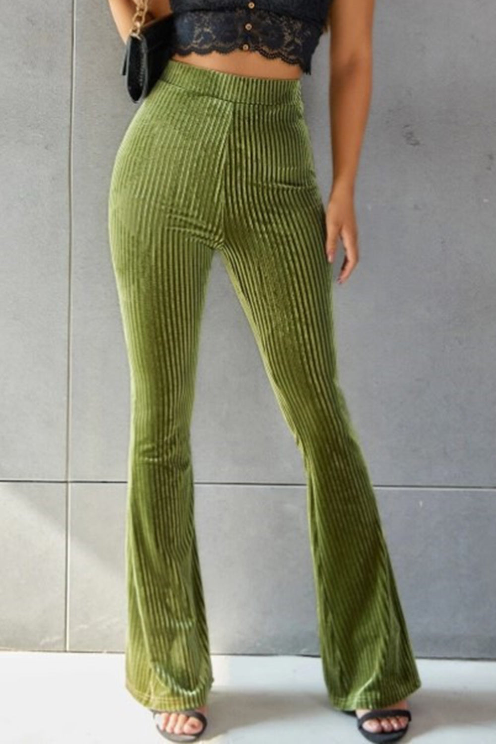 Women Ribbed High Waist Flare Pants nicholesgifts