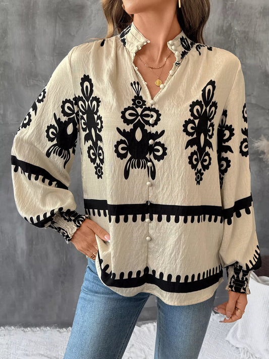 Printed Notched Lantern Sleeve Blouse NicholesGifts