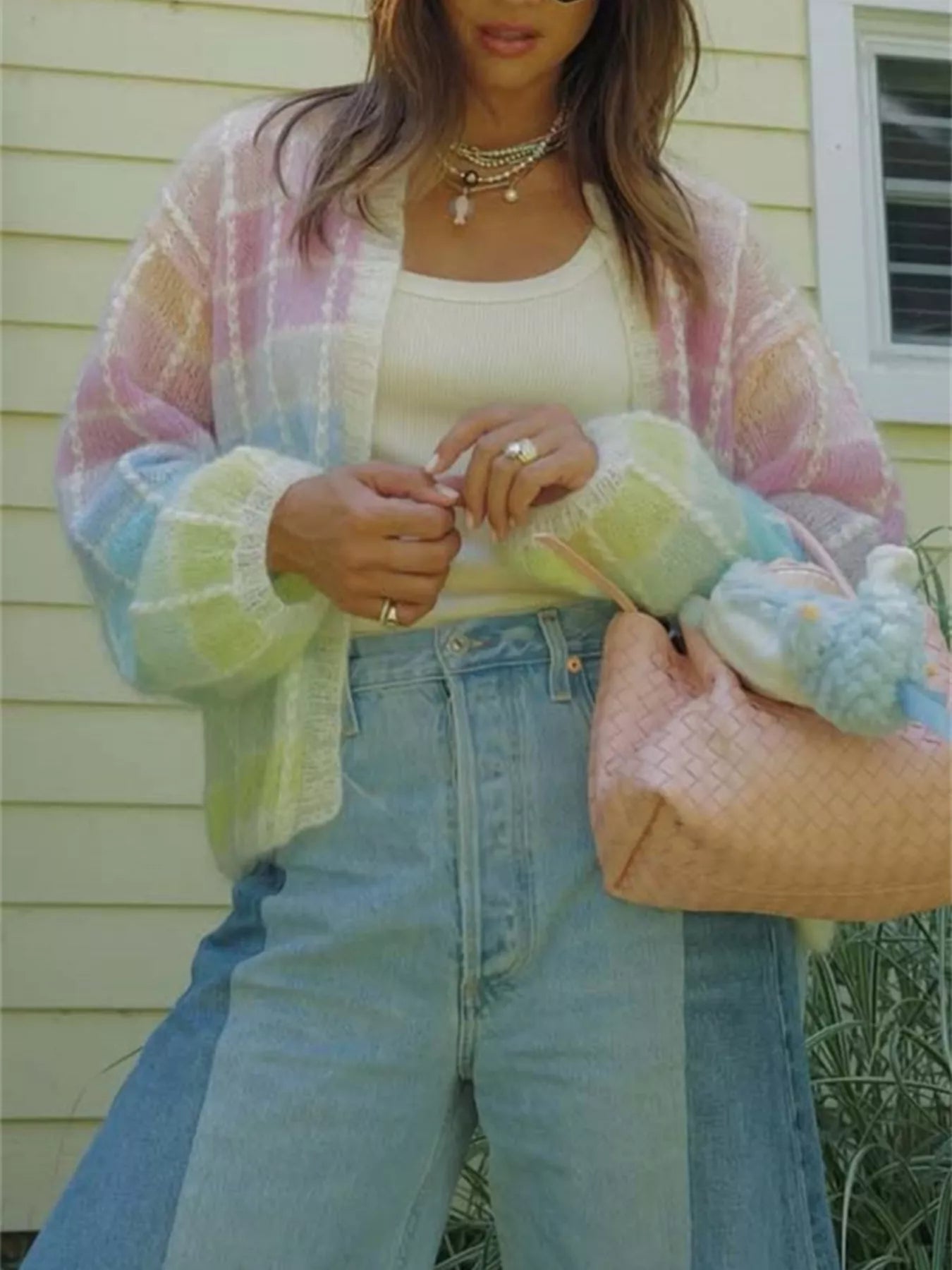 Rainbow Plaid Open Front Cardigan
